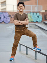 Boys' Rustic Brown Multi-Pocket Cargo Pants with Web Belt.
