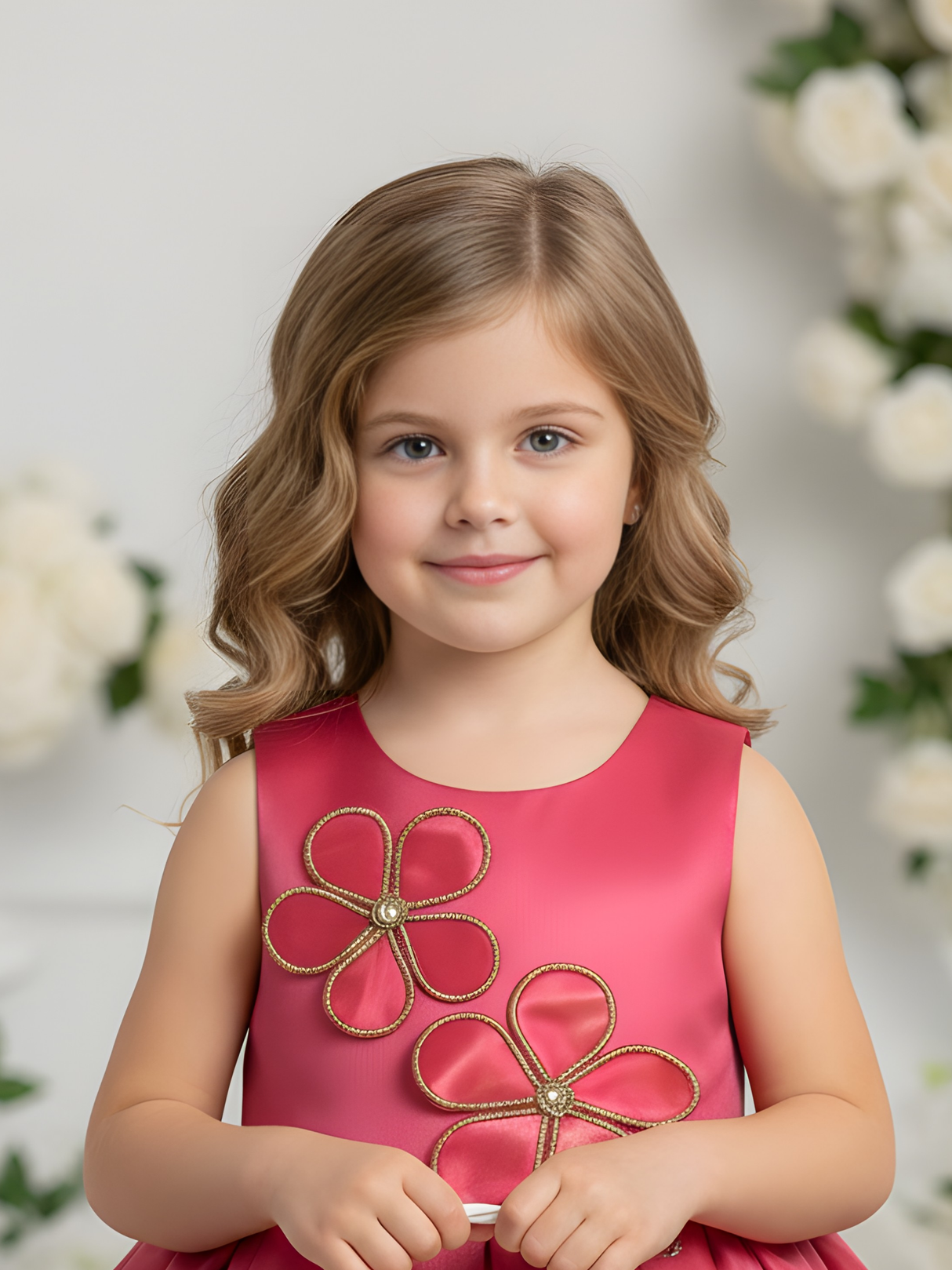 Girls' Hot Pink Shimmer Sleeveless Party Frock with Butterfly Flower .