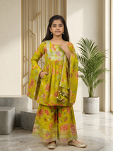 Girls Lime Green Floral Print Sharara Set with Dupatta