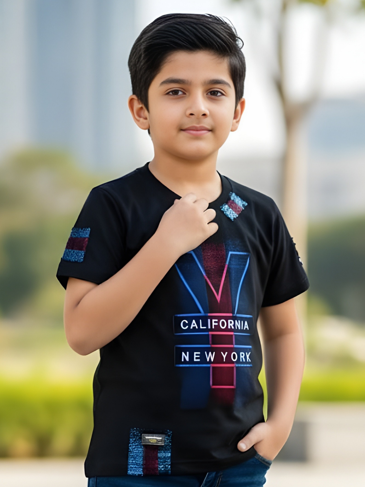 Boys' Black City V-Graphic Tee with Neon New York & California Text