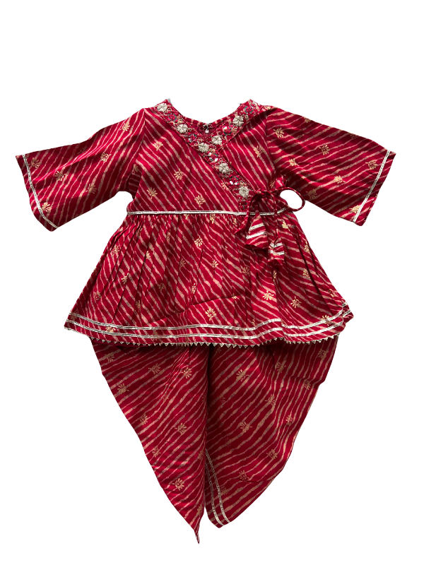 Baby Girl's Traditional Girls Ethnic Wear - Red Striped Kurti with Dupatta