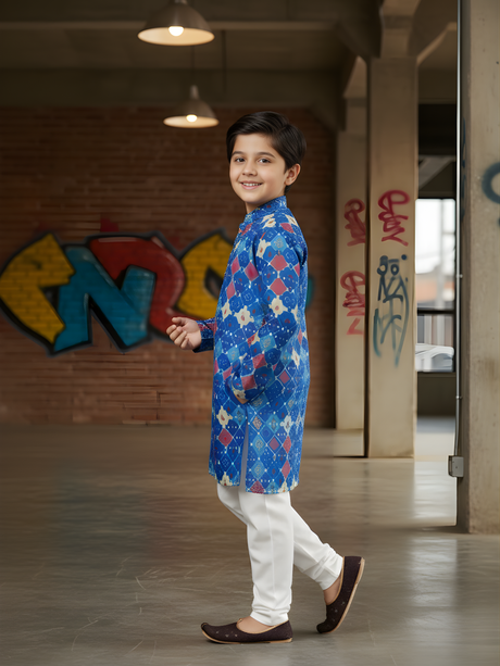 Boys' Bright Blue Festive Geometric Print Kurta with White Pyjama Set.
