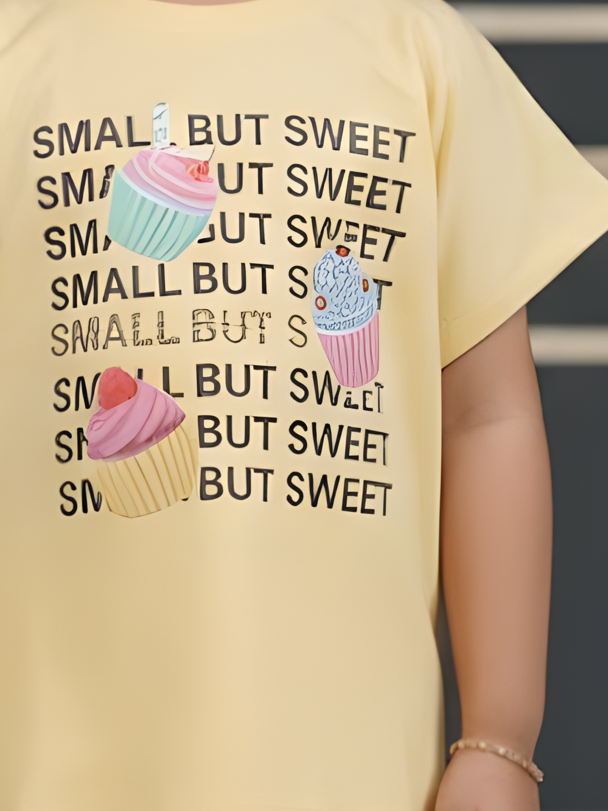 Girls Pastel Yellow "Small But Sweet" Cupcake Graphic Tee
