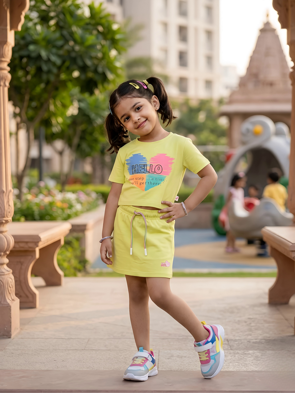 Girls' Vibrant Yellow Heart Graphic Skirt Co-ord Set