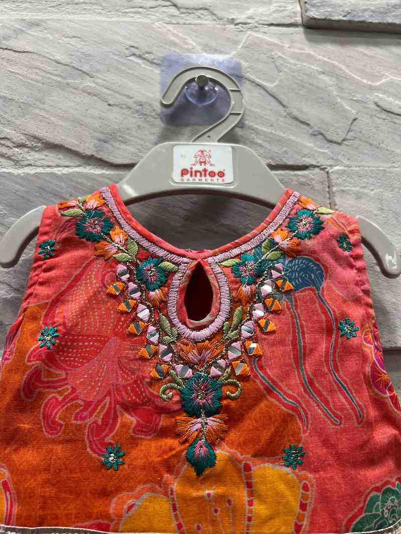 Girls' Orange & Red Floral Sleeveless Ethnic Set with Palazzo & Dupatta