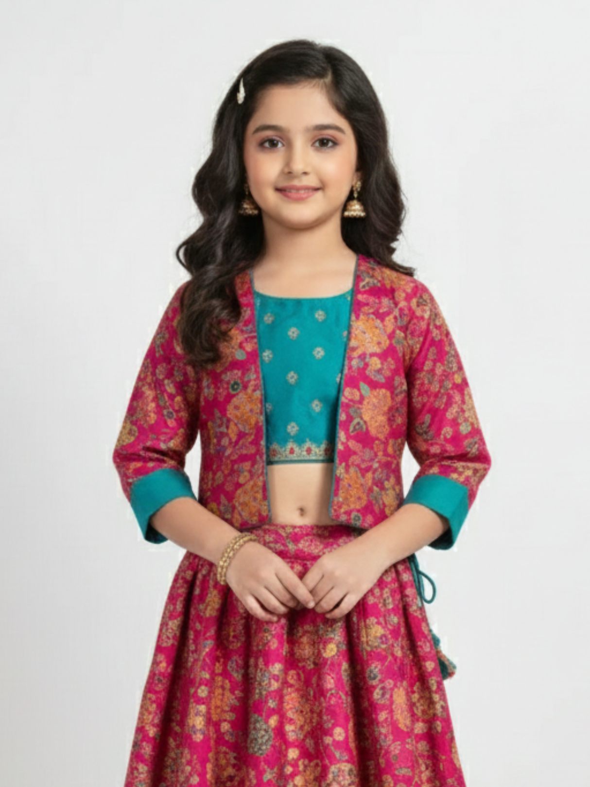 Girls' Fuchsia Pink Embroidered Choli, Striped Lehenga & Net Dupatta Set