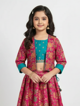 Girls' Fuchsia Pink Embroidered Choli, Striped Lehenga & Net Dupatta Set