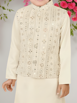 Boys' Cream Kurta Pajama Set with Multi-Color Embroidered Waistcoat