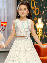 Girls' Grand Cream Traditional Print Lehenga