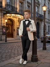 Boys' Cream/White Tuxedo Coat Suit with Black Trousers and Bow Tie