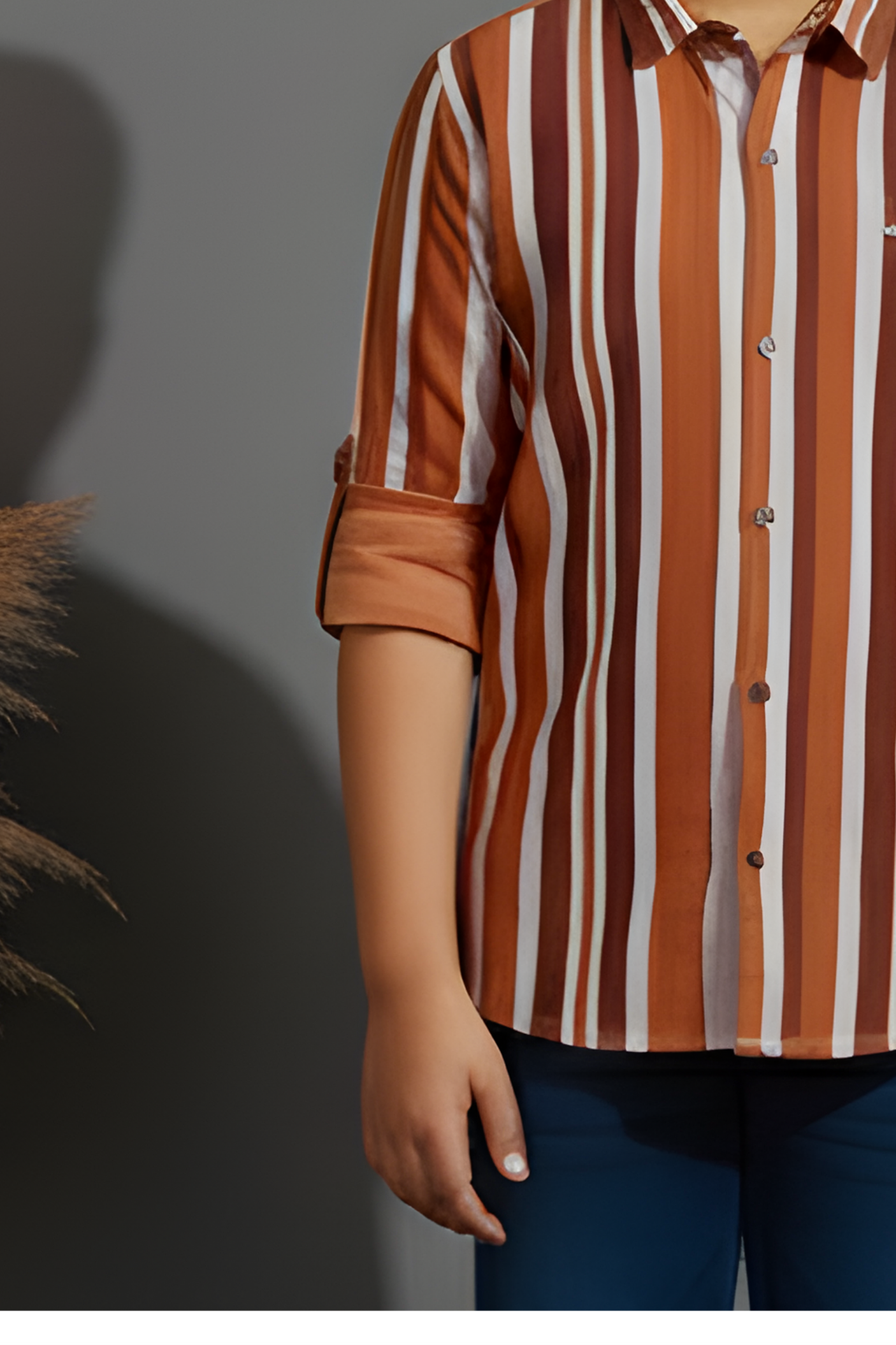 Boys' Contemporary Casual Shirt in Rust Brown and White Vertical Stripes