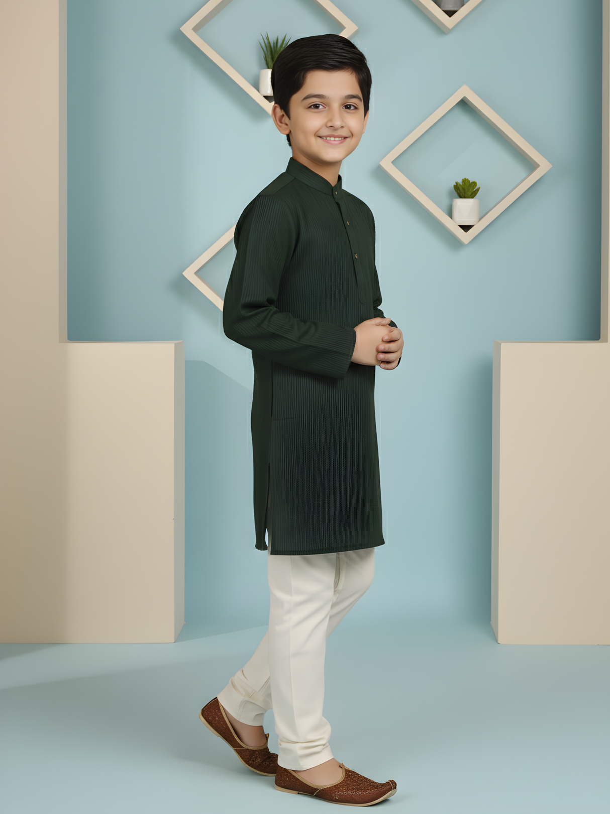 Boys' Dark Green and Beige Chevron Print Kurta Set