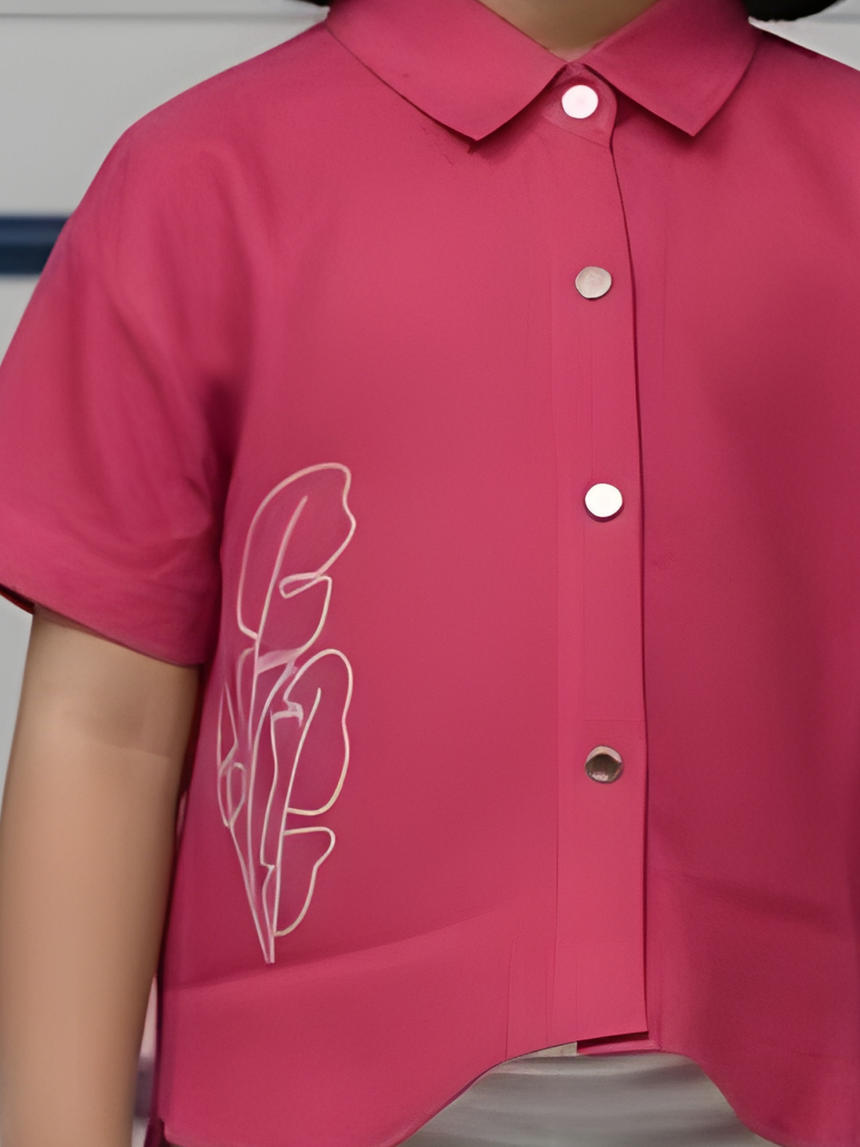 Girls Magenta Pink Embroidered Short Sleeve Shirt