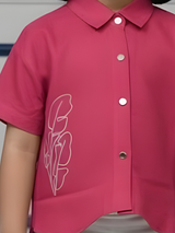 Girls Magenta Pink Embroidered Short Sleeve Shirt