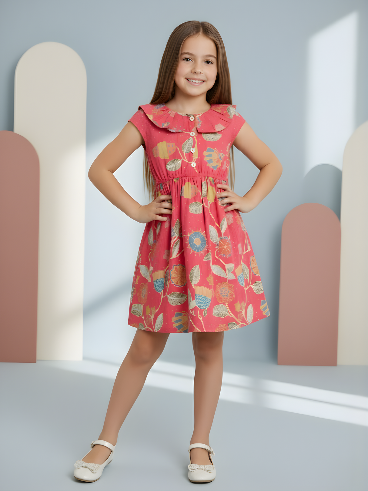 Girls' Fuchsia Red Floral Print Frock/Dress with Ruffled Collar