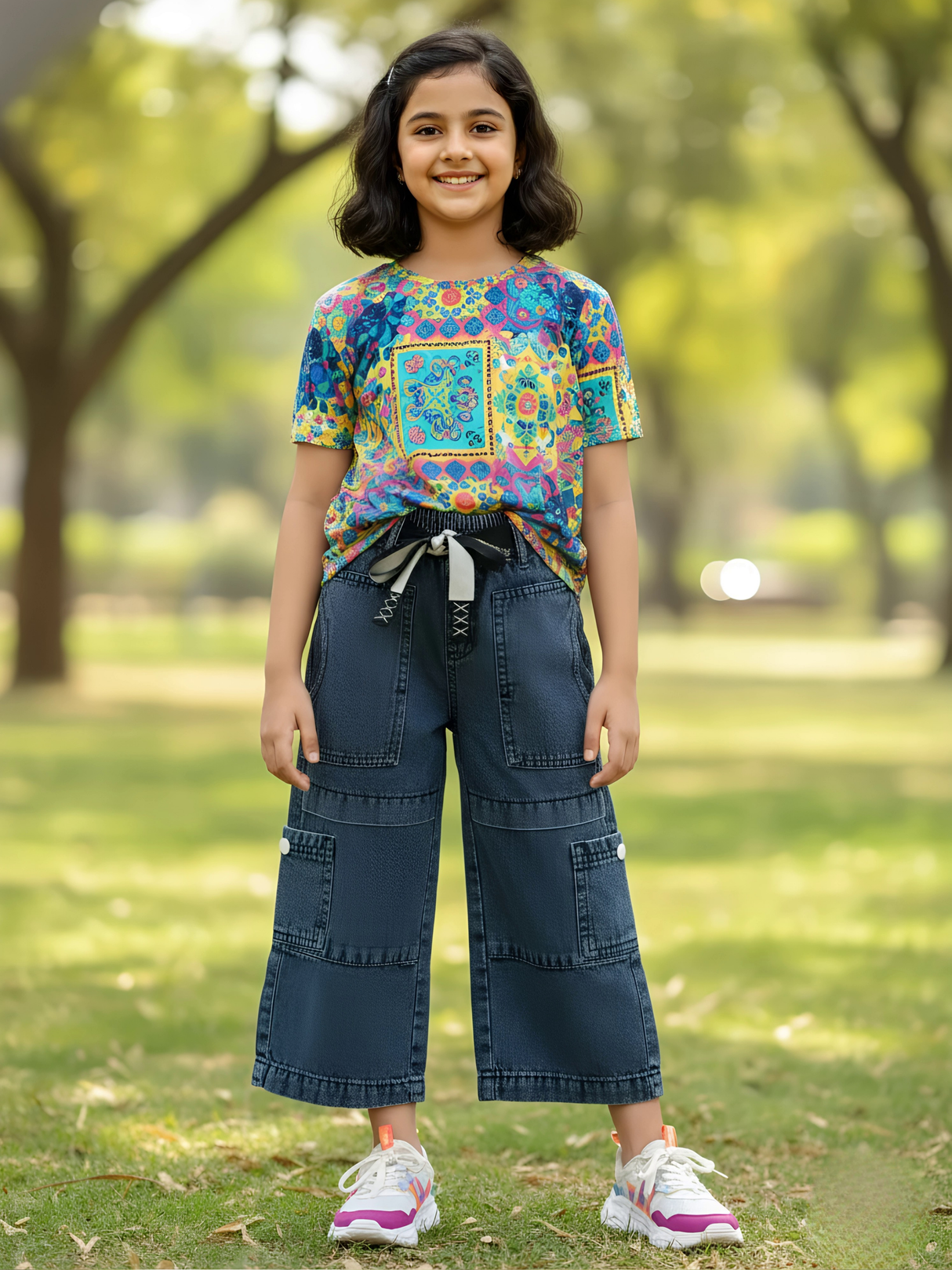 Girls' Dark Grey Wide-Leg Cargo Jeans with Drawstring Waist