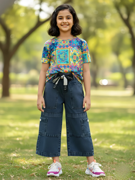 Girls' Dark Grey Wide-Leg Cargo Jeans with Drawstring Waist