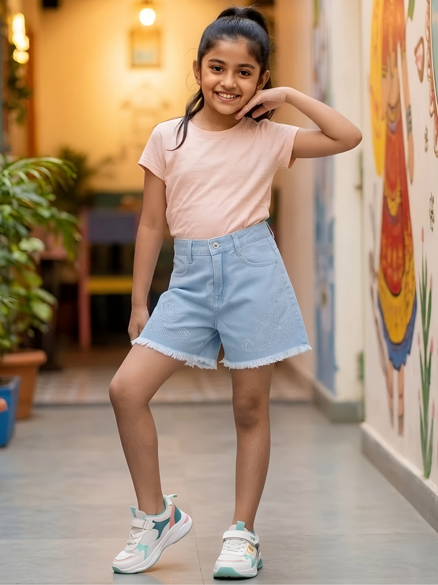 Girls' Light Blue Frayed Hem Denim Shorts