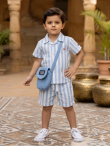 Light Blue Vertical Stripe Coordinate Set with Crossbody Bag