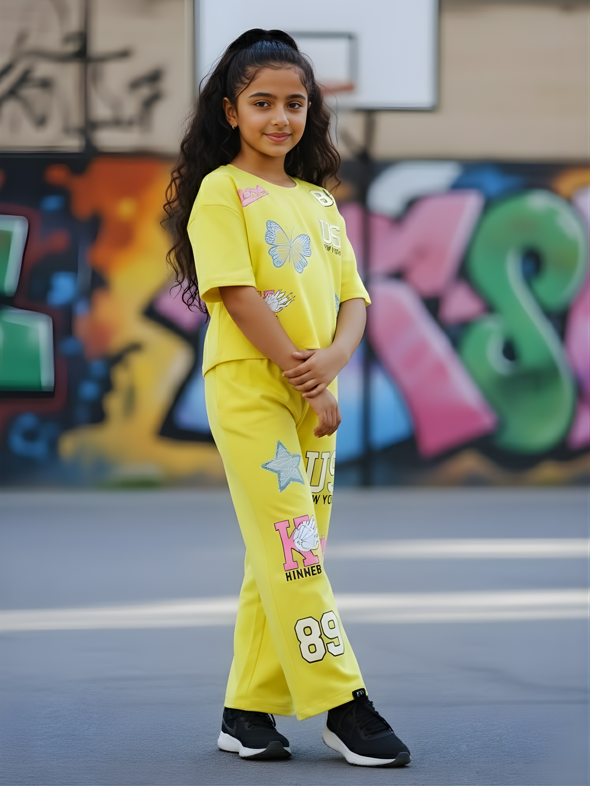 Girls Yellow Butterfly & Star Graphic Co-ord Set