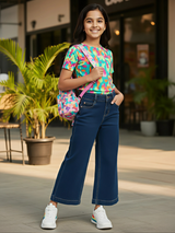 Girls High-Waist Wide-Leg Denim Jeans