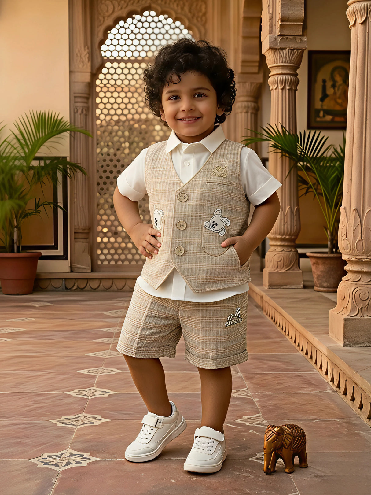 Boys Brown Textured Waistcoat & Shorts Set