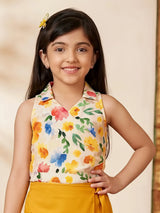 Floral Print Sleeveless Top and Mustard Yellow Wrap Skort Set.
