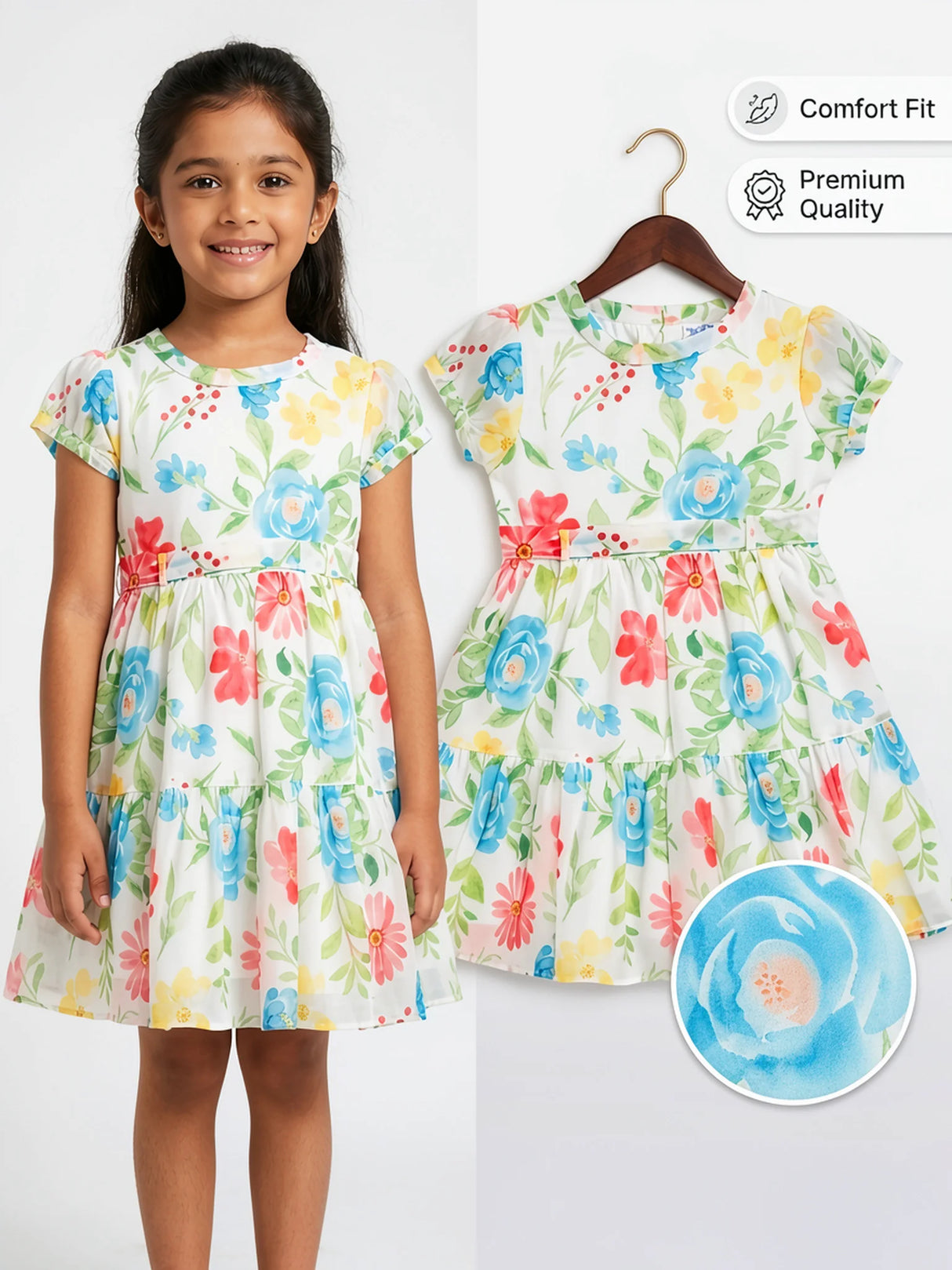 Girls Blue Floral Meadow Cotton Frock