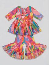 Girls Peach Printed Ethnic Sharara Set with Tassels.