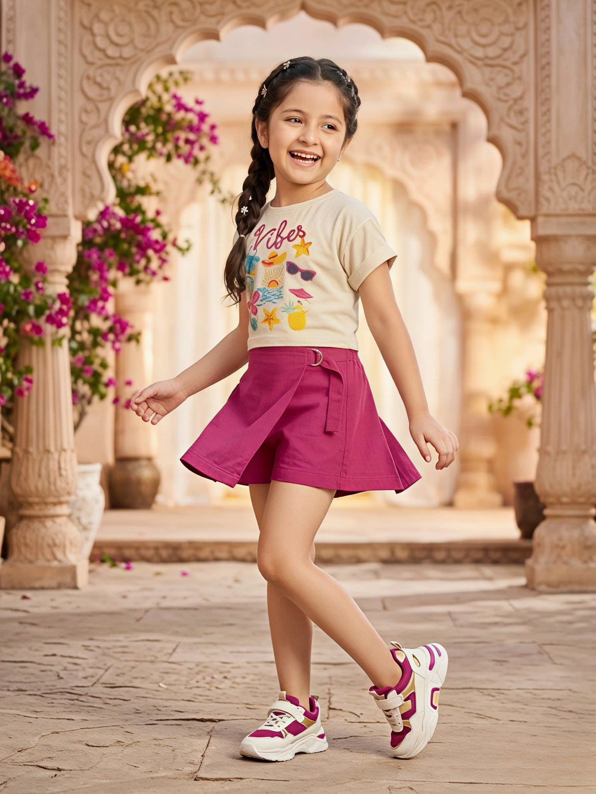 Girls Summer "Vibes" Graphic Tee and Pink Wrap Skirt Set.