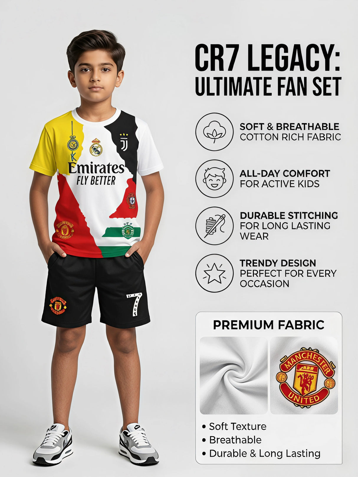 Boys Multi-Color Football Inspired T-Shirt and Shorts Co-ord Set.