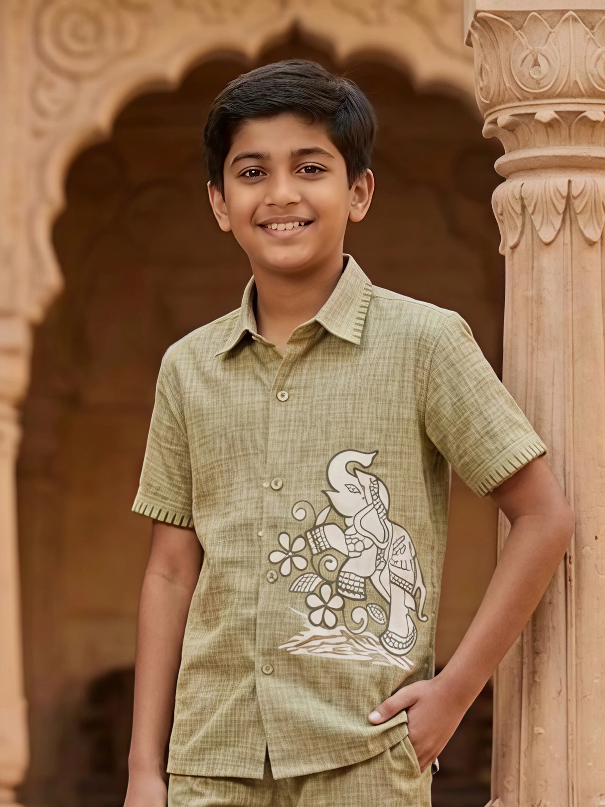 Boys Sage Green Elephant Print Co-ord Set.