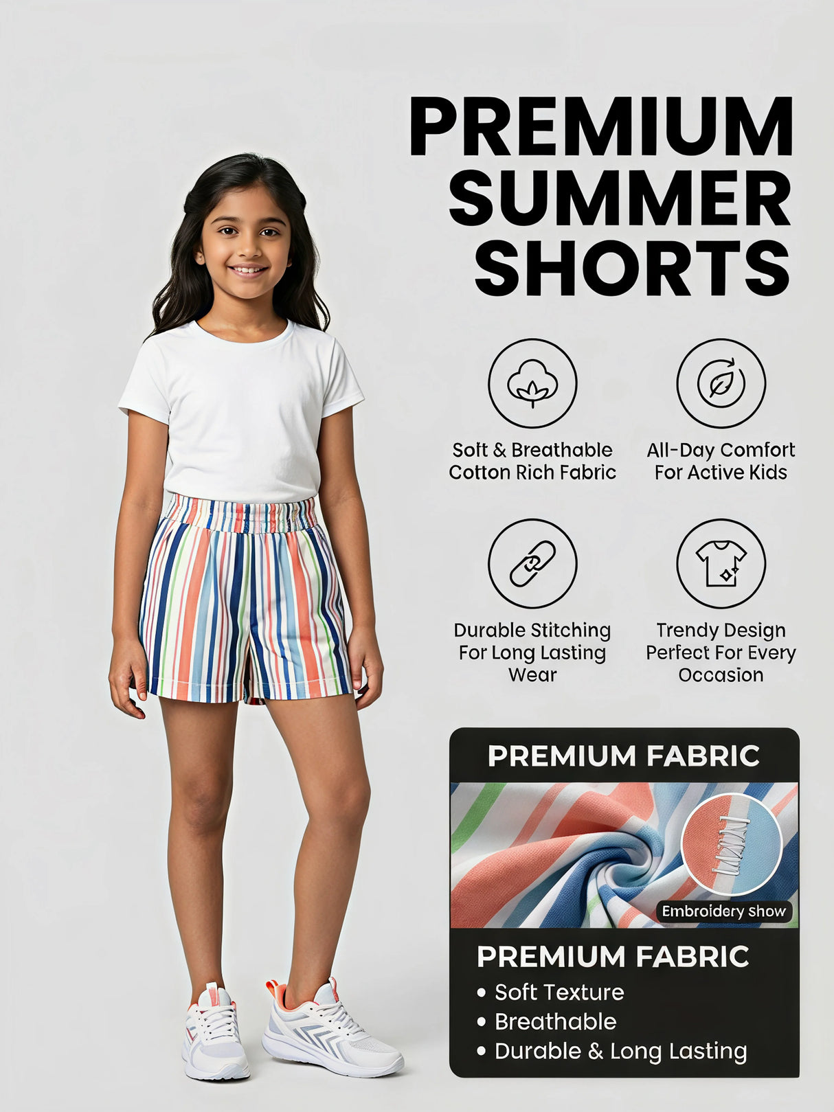 Girls' Orange Multi-Stripe Cotton Shorts