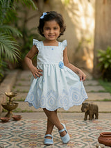 Little Blossom Blue Embroidered Cotton Frock with Ruffle Sleeves