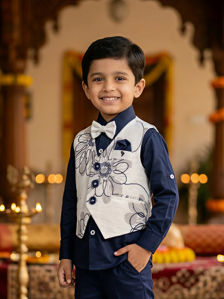 Boys Navy Blue Floral Waistcoat Set