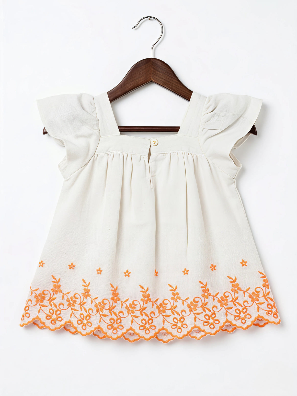 Cream Embroidered Girls Frock with Ruffle Sleeves