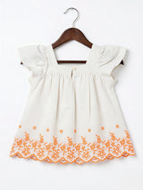 Cream Embroidered Girls Frock with Ruffle Sleeves