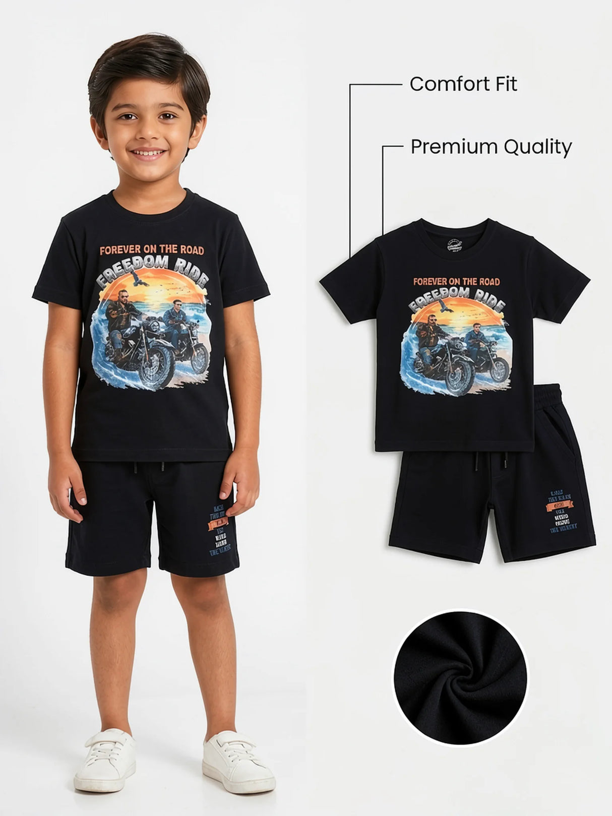 Boys Black Freedom Ride Graphic T-Shirt and Shorts Co-ord Set.