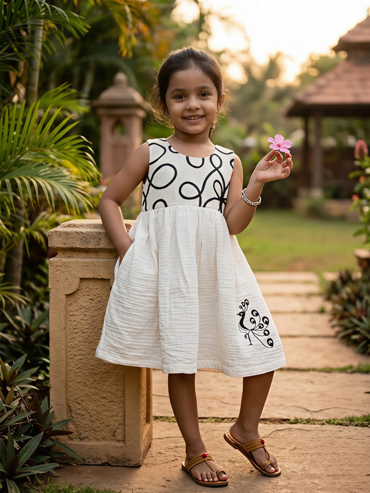 Girls' Elegant White Cotton Frock with Peacock Embroidery