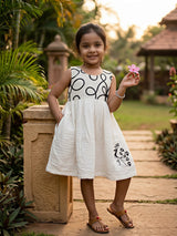 Girls' Elegant White Cotton Frock with Peacock Embroidery
