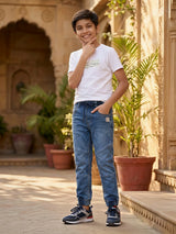 Boys' Dark Blue Melange Fleece Joggers with Neon Yellow Drawstring