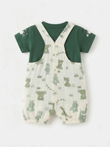 Infant Boys Green Teddy Print Dungaree Set.