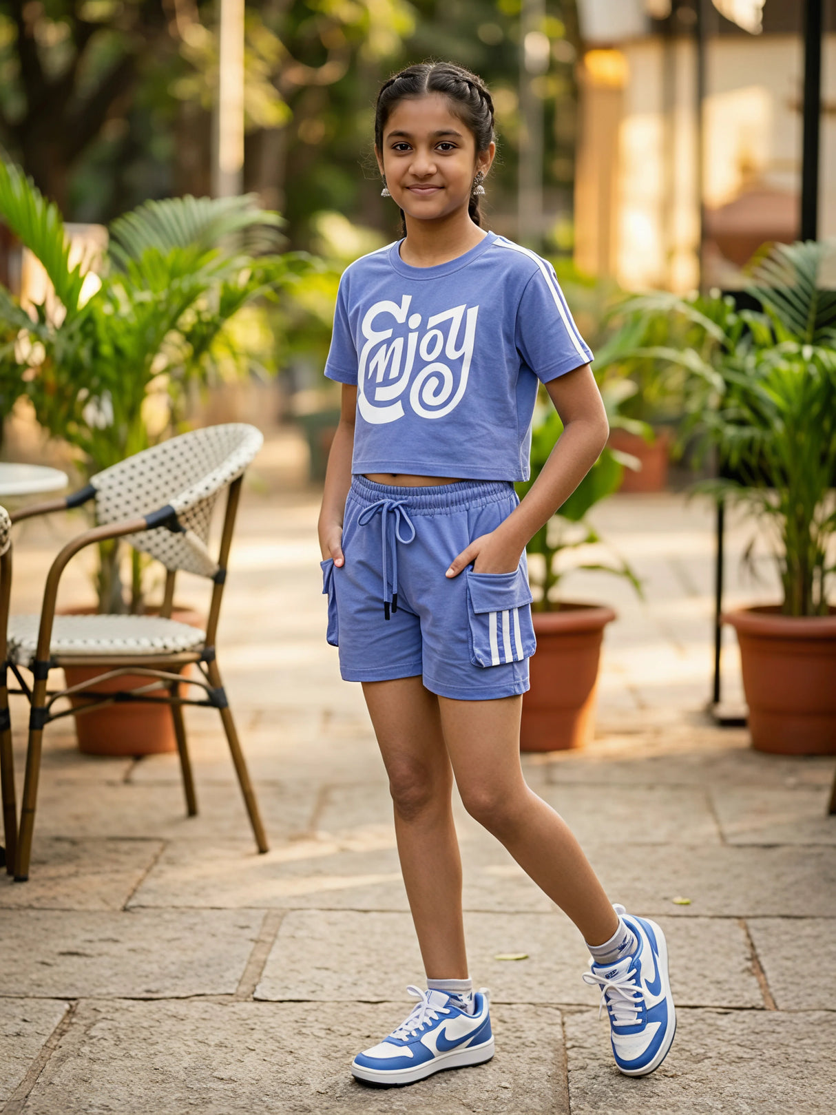 Girls' Purple "Enjoy" Sporty Coordinate Set - 2-Piece Crop Top & Cargo Shorts