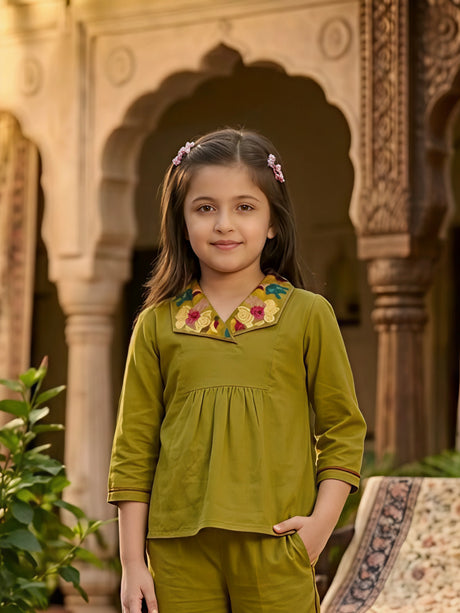 Girls Olive Green Embroidered Plazo Set