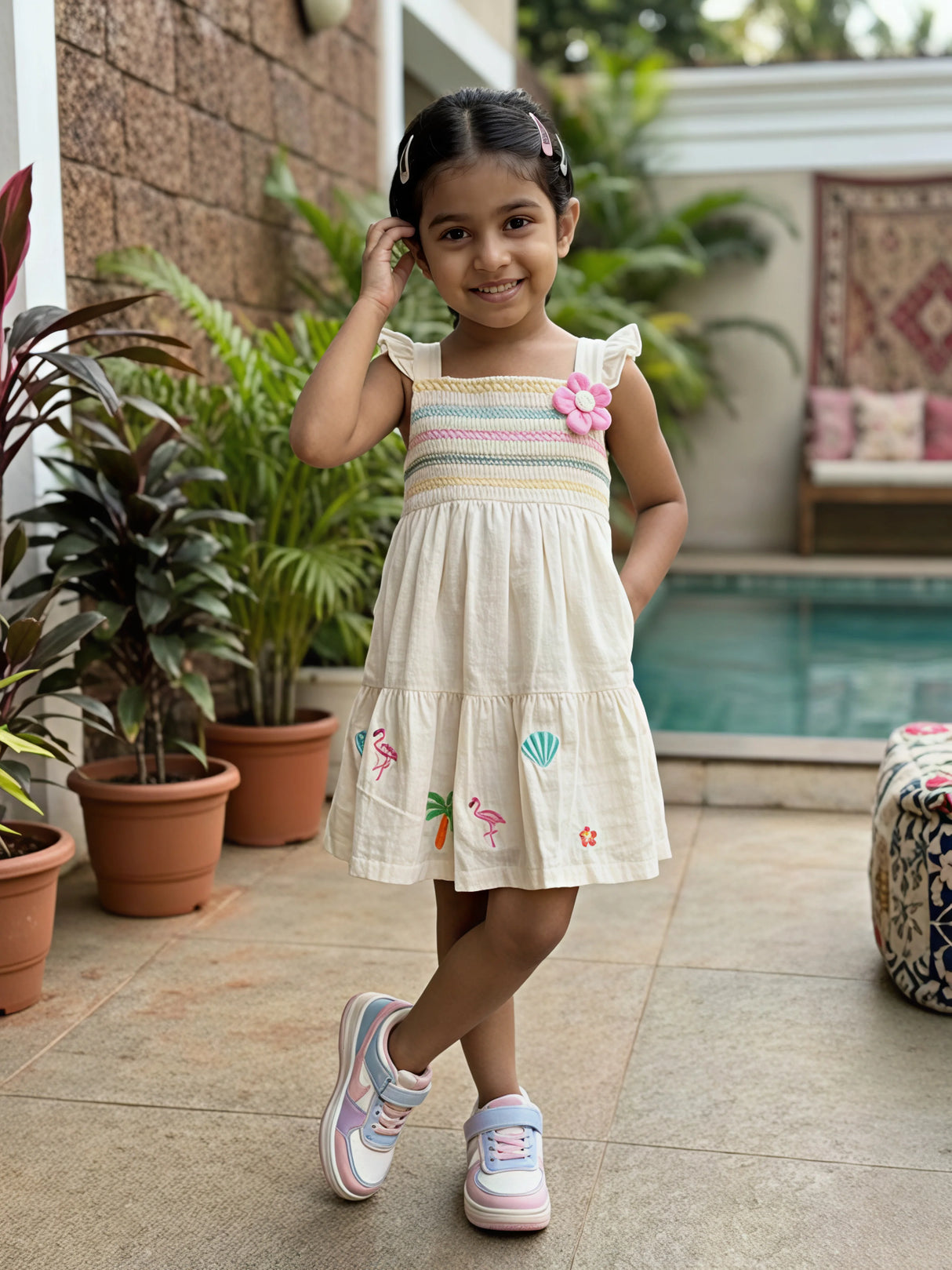 Girls' Cream Tropical Embroidered Cotton Frock