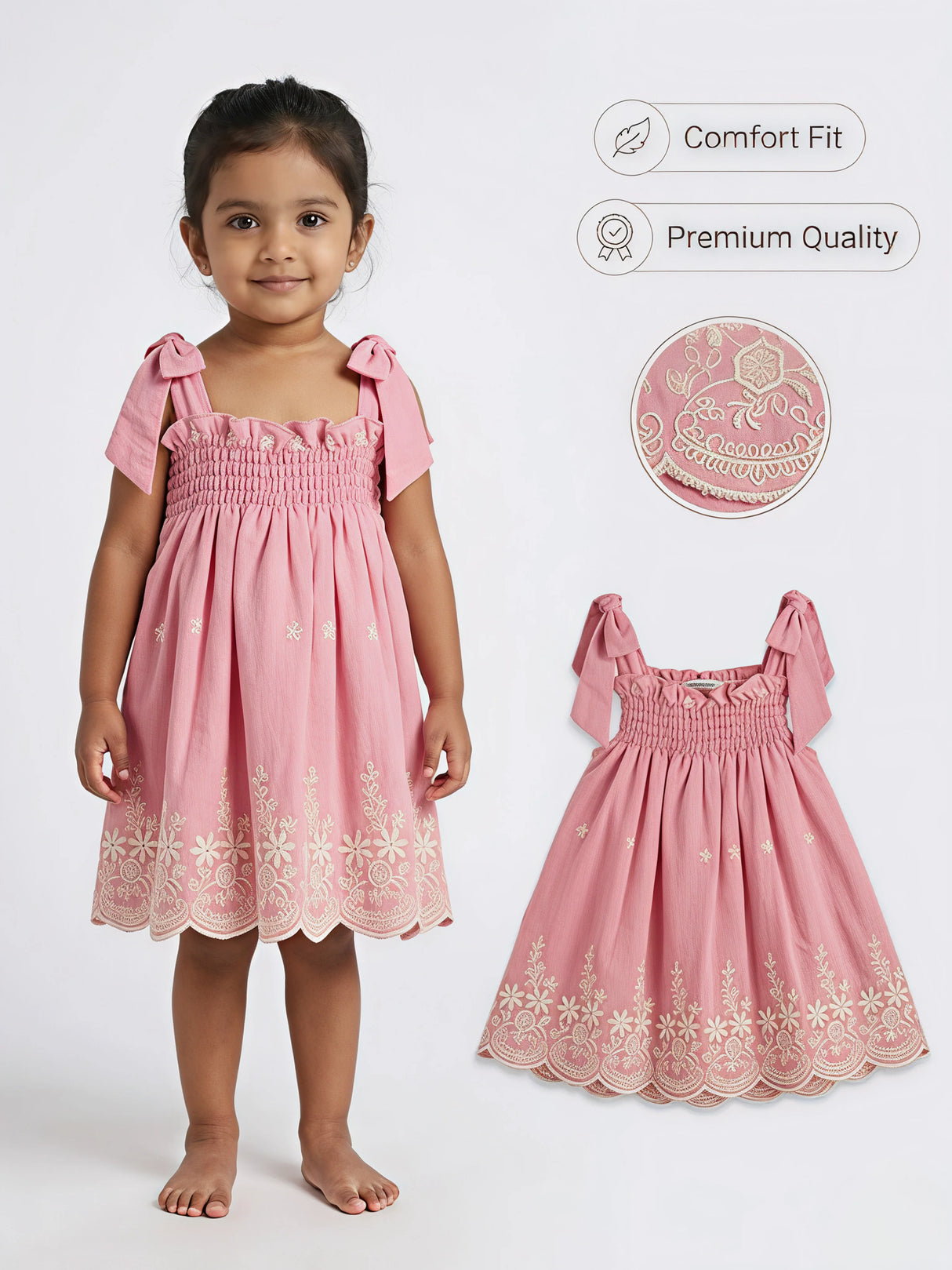 Peach Embroidered Cotton Frock