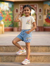 Girls' Light Blue Denim Shorts with Animated Embroidery