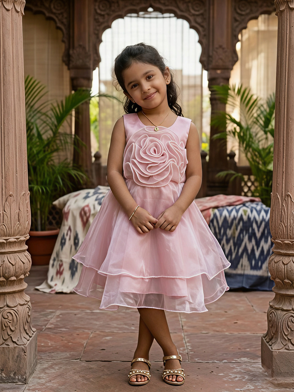 Girls' Pink Petal Rose Organza Party Frock