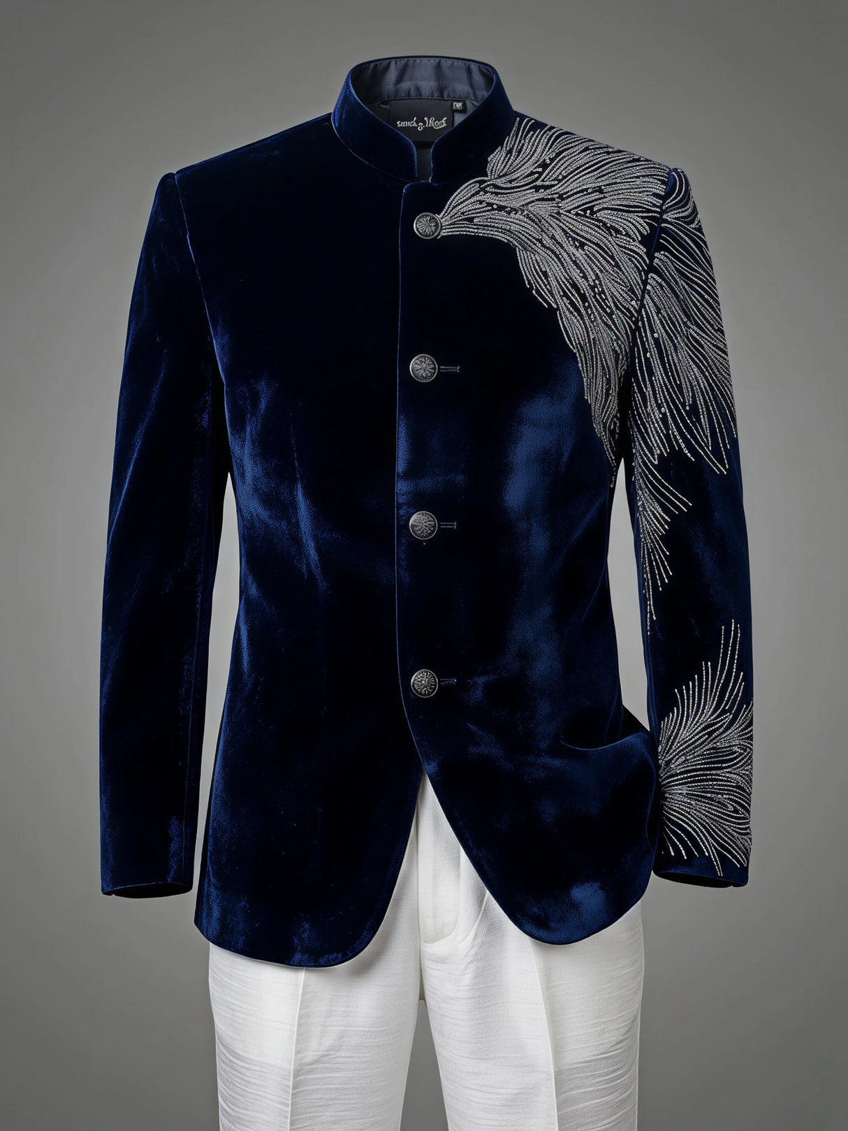 Boys Navy Blue Velvet Sherwani Set ()