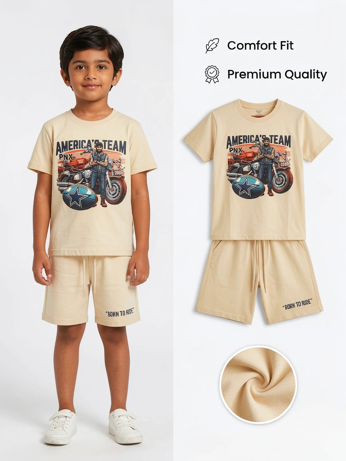 Boys Cream "America's Team" Printed T-Shirt & Shorts Co-ord Set